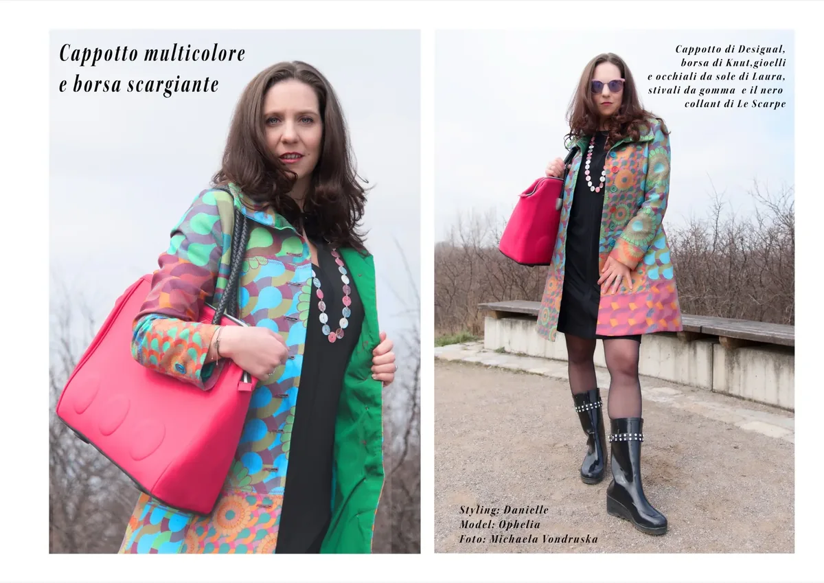 Modestrecke als Magazin-Doppelseite mit buntem Mantel und pinker Tasche